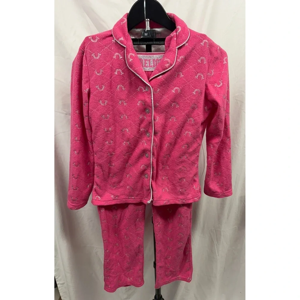 True Religion Girls 10/12 Pink Fleece Button Front Pajam Set